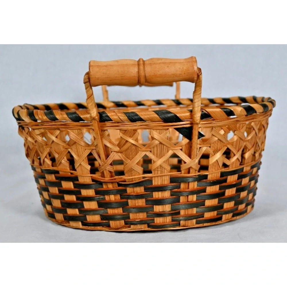 Vintage Wicker Rattan Seagrass Basket Wood Handles Black Accent Decor